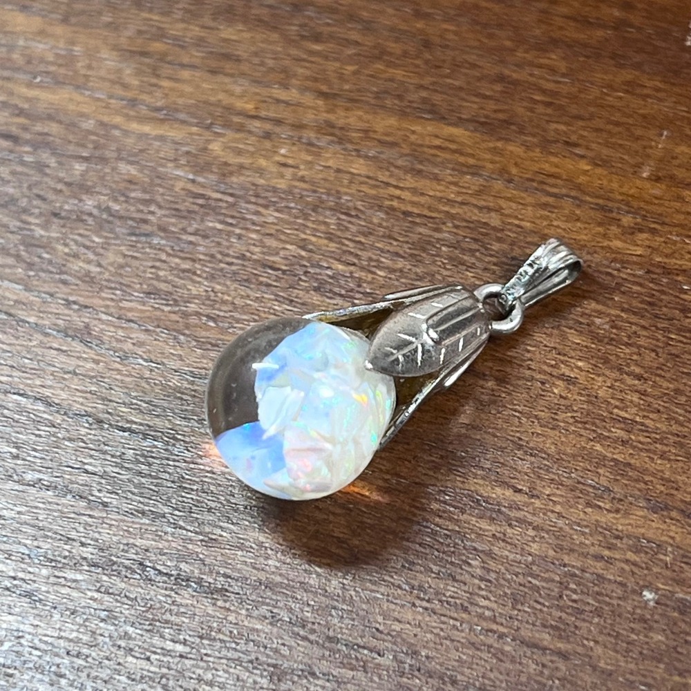 Vtg Sterling Silver Floating Opal Glass Orb Leaf Pendant Charm Iridescent 925